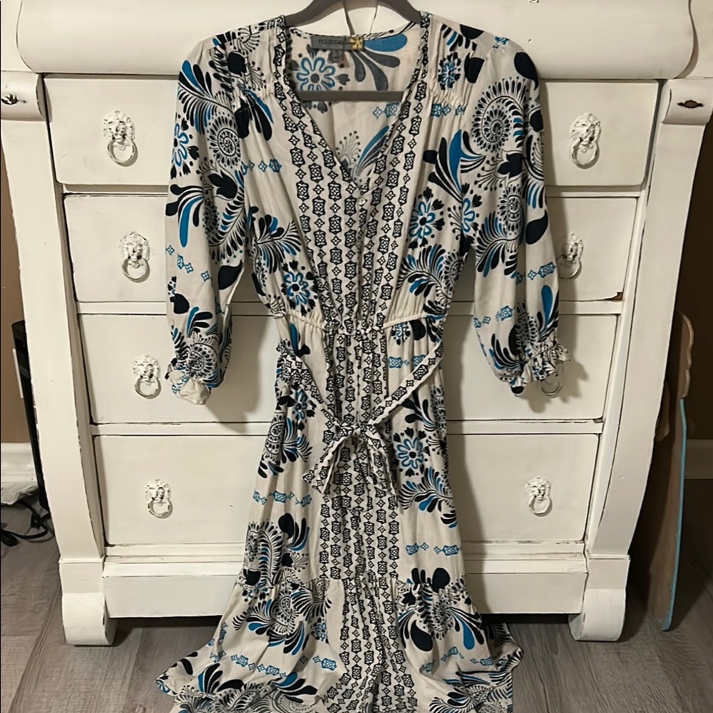 Floral High Low Dress - Blue and White